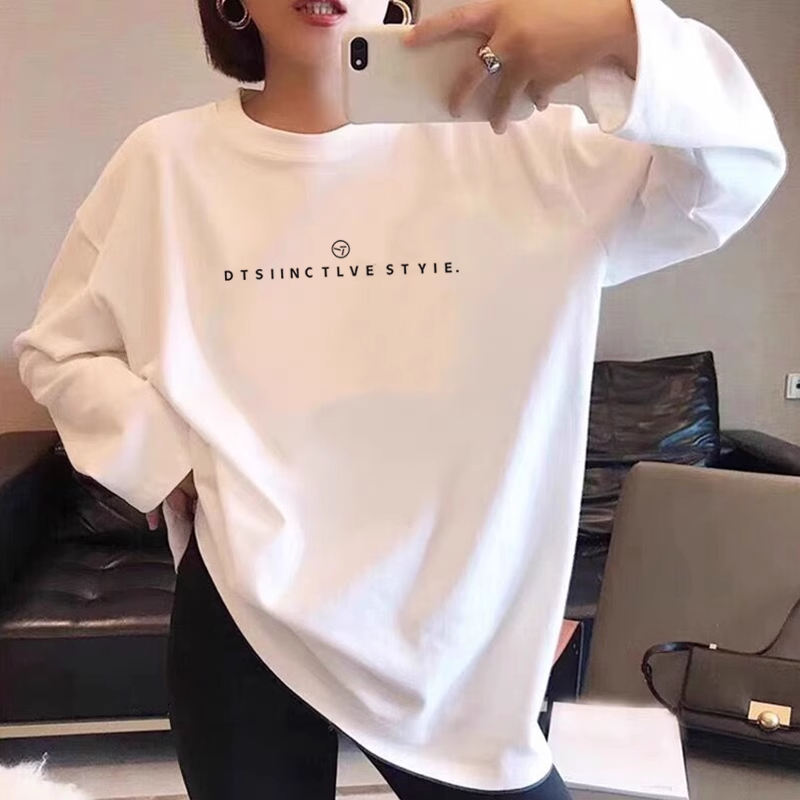 纯棉长袖t恤女秋季2023新款字母印花大码宽松中长款打底衫上衣潮